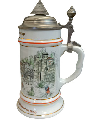 Vintage Souvenir Bierkrug mit Zinndeckel Sammelkrug Residenzstadt Karlsruhe