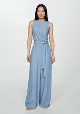 NWT MANGO MNG 100 BLUE CHAMBRAY WIDE LEG JUMPSUIT SZ M MEDIUM