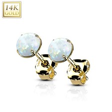 14K Yellow Gold Ear Studs with Prong Set Opal Synthetic - White Opal