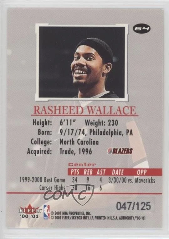 2000-01 Fleer Authority Prominence 125/75 /125 Rasheed Wallace #64 - Image 2 of 2