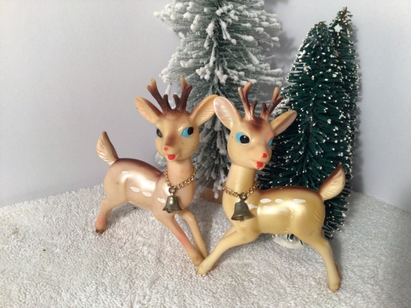1950s Vintage Christmas Santa Reindeer Japan moveable head Rubber Blue Eyes