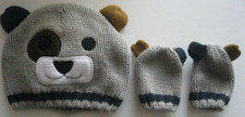 Primark Grey "Bear" Fleece Lined Woolly Hat  Mittens. Age 6 - 12 months.
