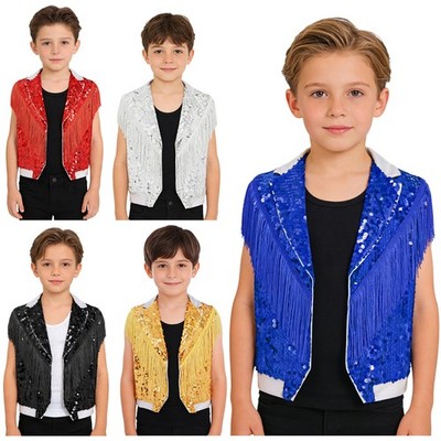 Jungen Mädchen Oberteil Glänzend Pailletten Weste Anzug Hip-Hop Party Tanz Jacke