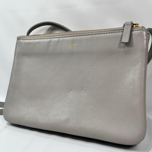 CELINE Trio Leather Shoulder Bag Gray Small Crossbody Pouch Classic Used Japan