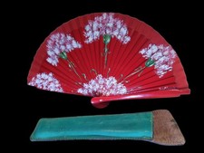 Spanish Wood Fan With Leather Case Carnation Design Artist Signed Alarcon