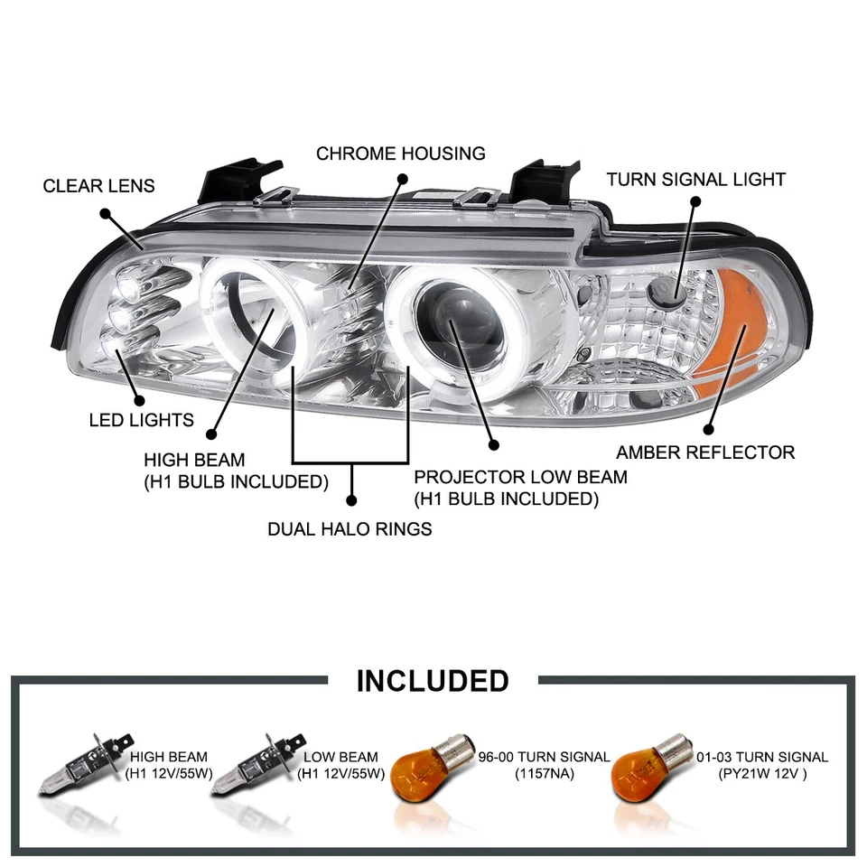 Fits 1996-2003 BMW E39 525i 528i 530i LED Halo Projector Headlights Lamps 96-03 — 第 3/4 张图片