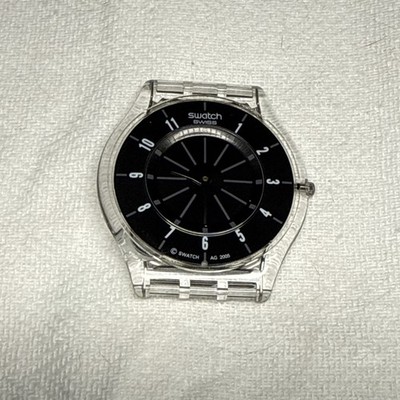 Swatch Skin TOUT AU TRAIT SFK254 Watch  Thin Black Dial Broken For Parts!