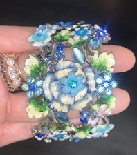 Used Enamel Flower Garden Crystal Butterfly Insect Cuff Wrap Bracelet Safe Chain