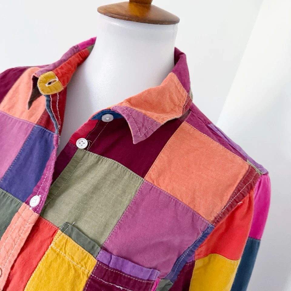 Camisa con botones Lands End para mujer mediana 10 12 retazos bloques de colores Rolltab algodón Foto 4 de 4