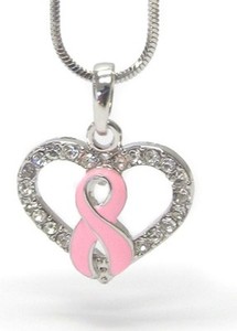 Authentic Pink Ribbon Heart Crystal pendant Necklace Awareness White Gold Plated