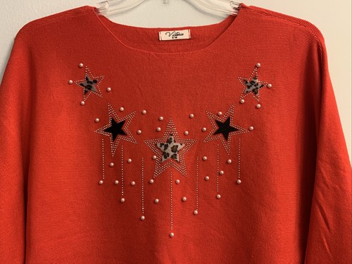 Victoria Womens Collection Holiday Red Beaded Stars Sequin Sweater Size S/M - Picture 2 of 7