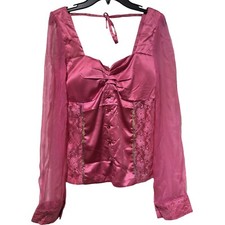 NWT Lucy Paris Hot Pink Sheer Lace Satin Corset Blouse Sz S Y2K Coquette