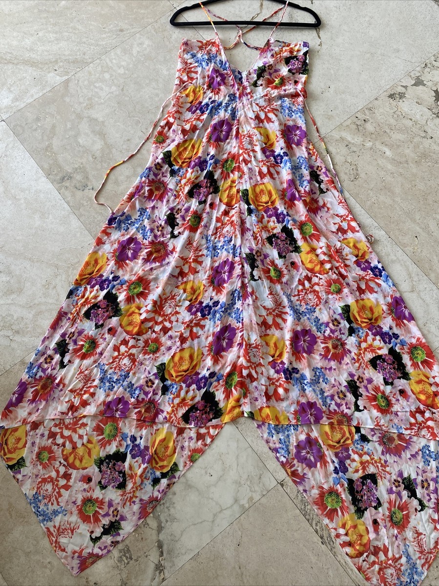 Summer Floral Rubber Ducky BOHO PRINT MAXI DRESS S Crisscross Strap made in  USA