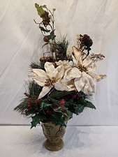 Christmas Floral Arrangement White Poinsettia Holly Berries Pinecones Green Vase