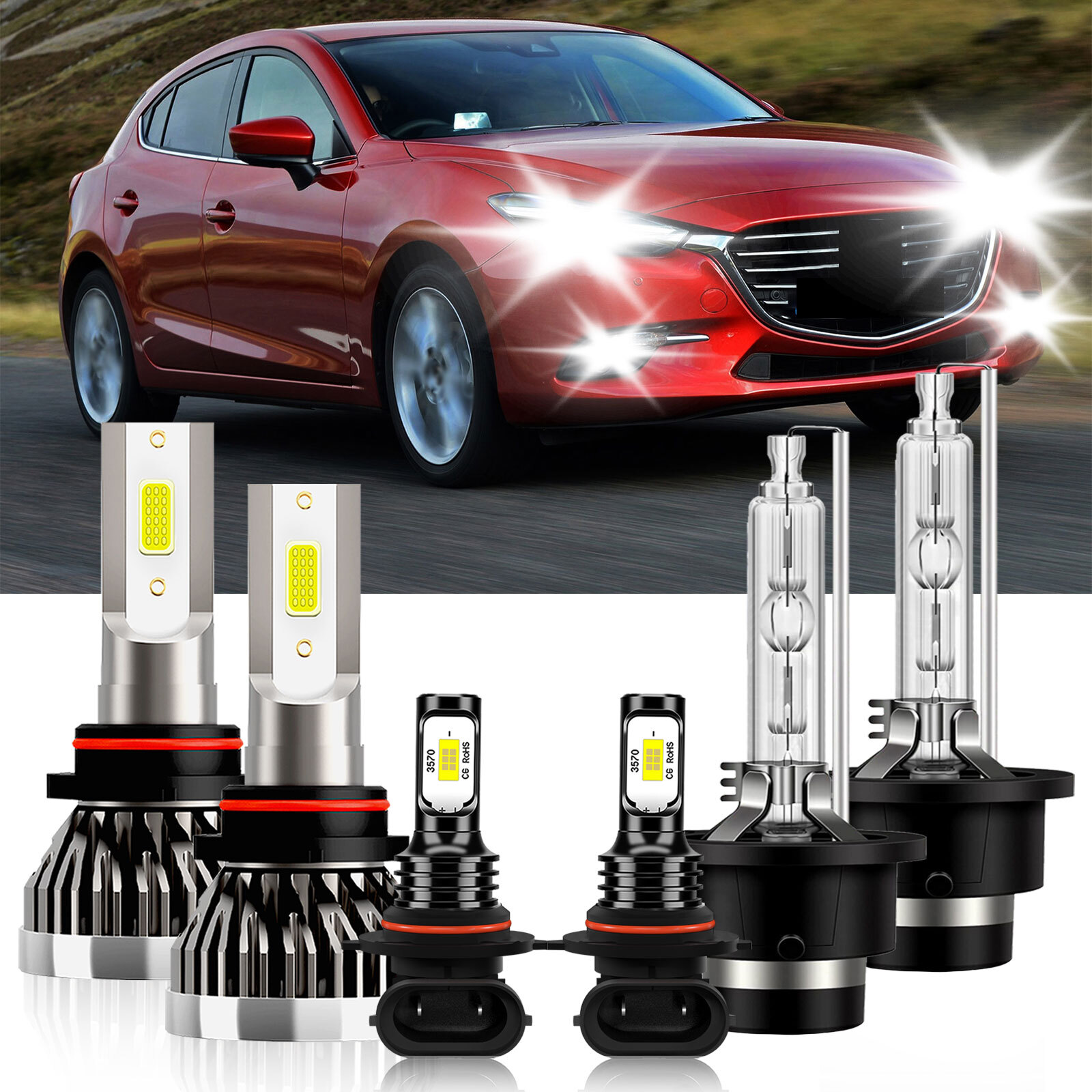 LED HID Headlight Hi/Lo+Fog Light Bulbs white 6000K For Mazda 3 Sport 2009-2009