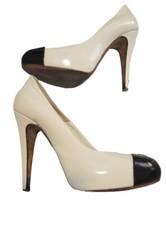 Chanel Black Ivory Patent Leather Cap Toe Pumps Heels Size 37 US 6 CC Interlock