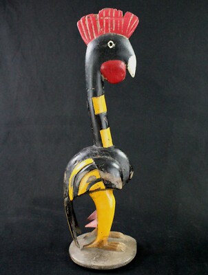 Tribal African Art - Large And Elegant Painted Wooden Rooster Baoule - 53 Cms