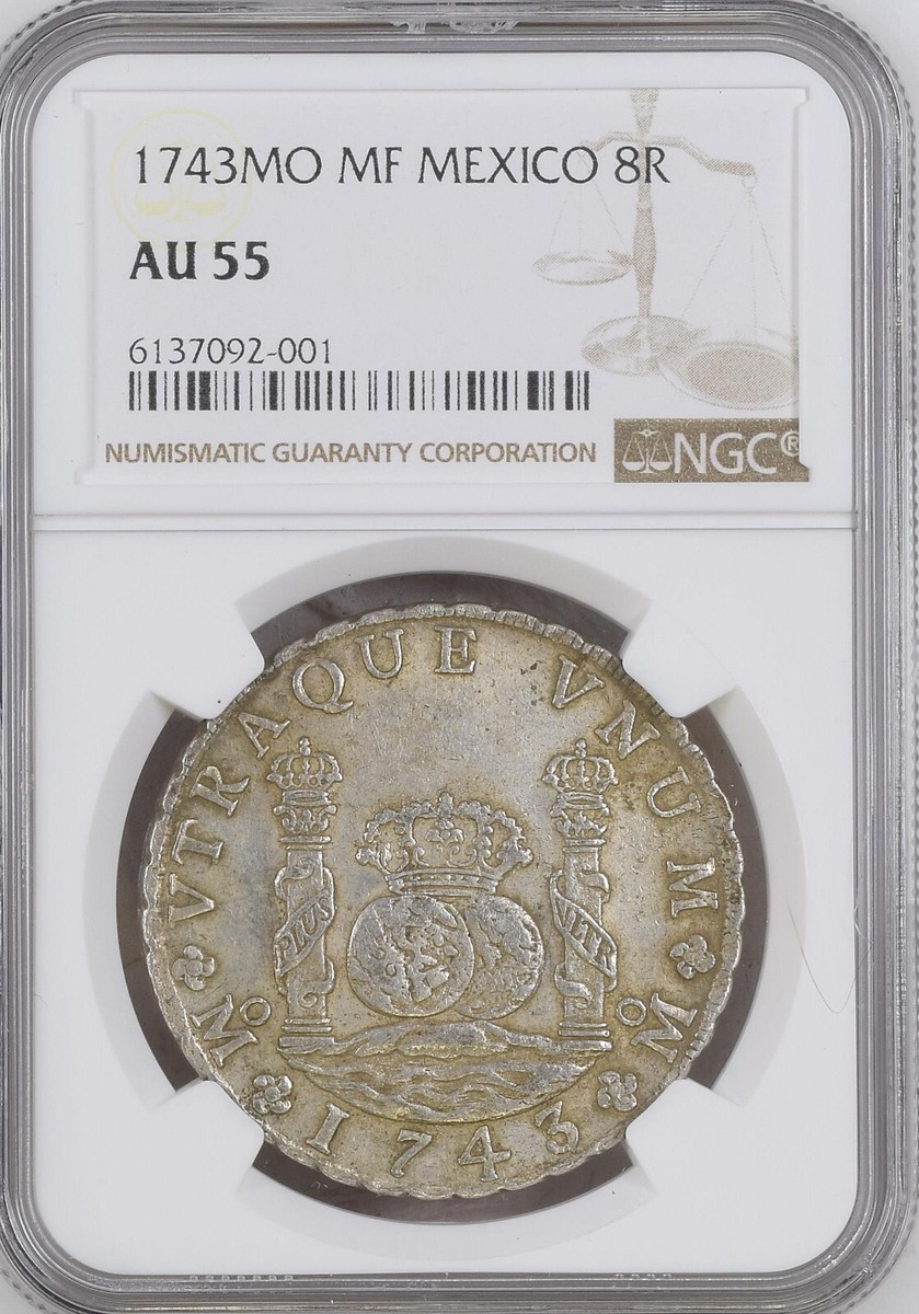 Mexico Philip V 8 Reales 'Pillars' 1743 Mo-MF NGC AU-55 Mexico