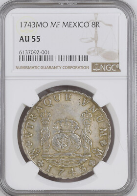 Mexico Philip V 8 Reales 'Pillars' 1743 Mo-MF NGC AU-55 Mexico