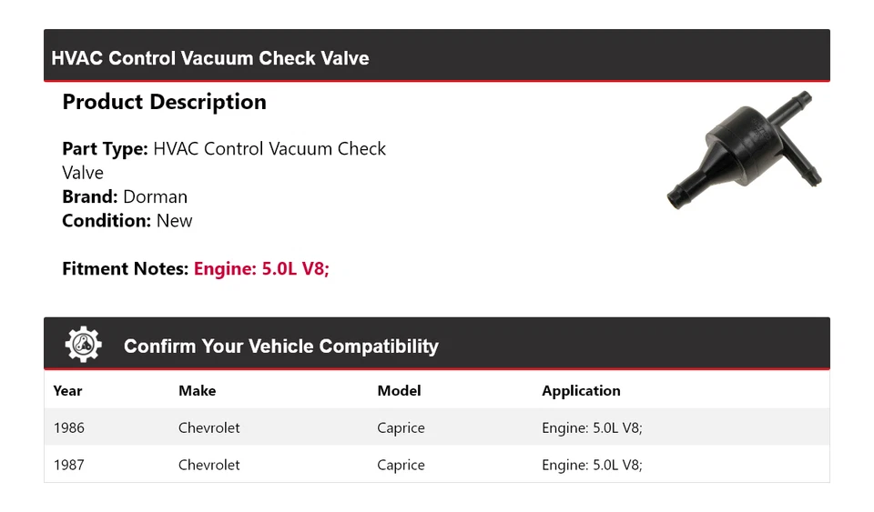 Válvula de retención de vacío de control de climatización Dorman V8 V8 1986-1987 Chevrolet Caprice 5,0 L Foto 2 de 4