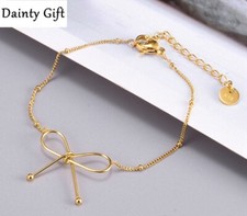Women Girl Titanium Stainless Steel Gold Bow Tie Bead Chain Bracelet 6-7.7"