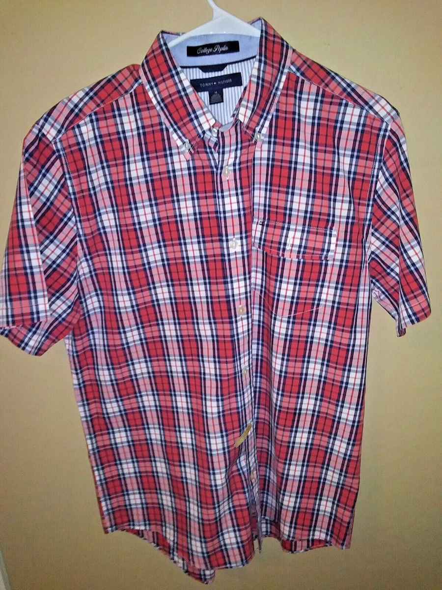 Tommy Hilfiger Men s Button down Short Sleeve Shirt Red White Blue Plaid Medium