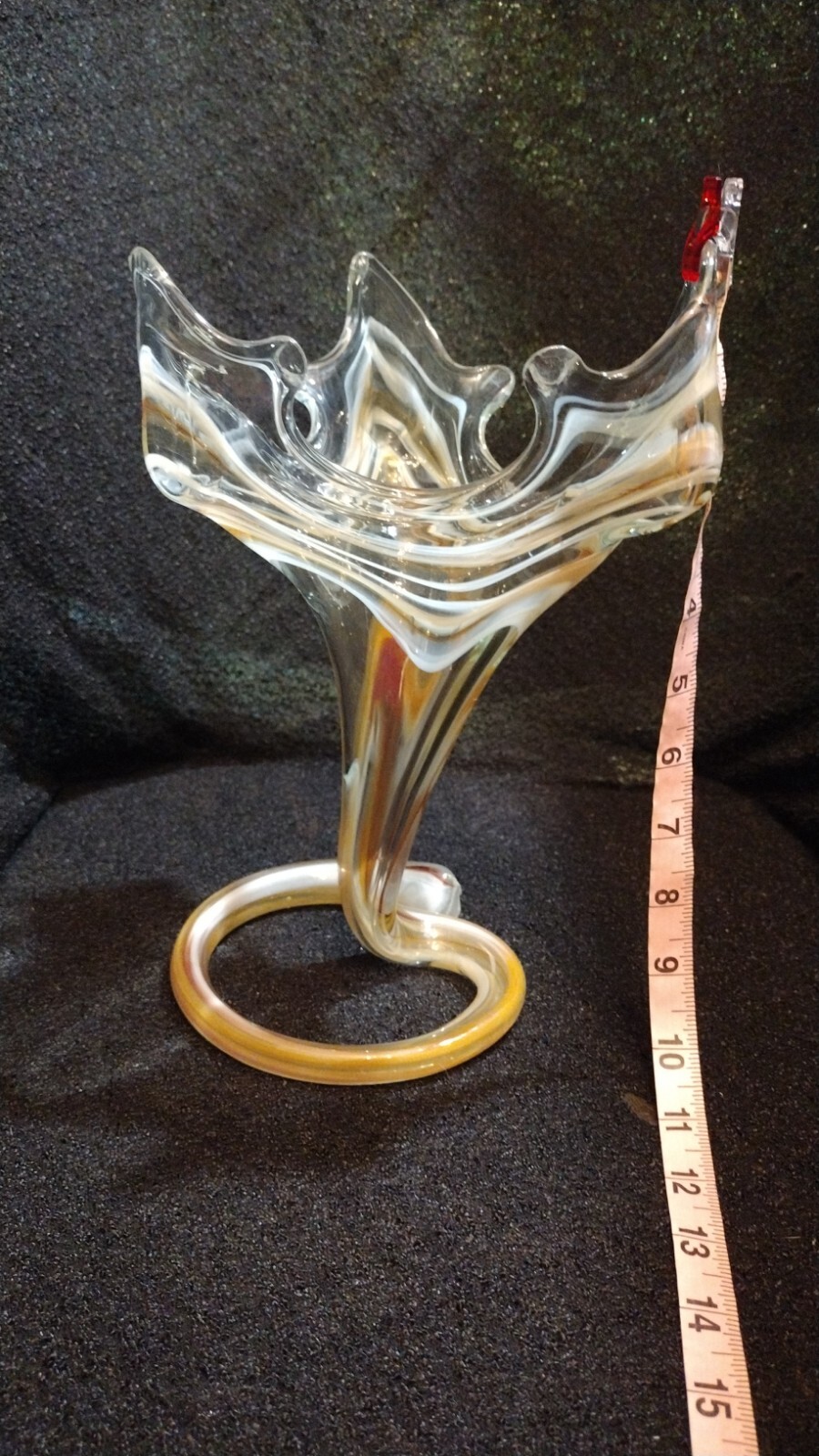 Vintage Murano Style Hand-Blown Art Glass Vase Tan Cream White Swirl Pattern (B)