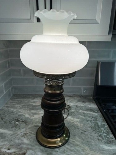 Vintage Wood Table Lamp Milk Glass Shade