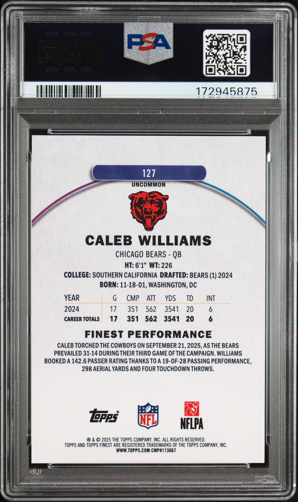 2025 TOPPS FINEST BLACK REFRACTOR #127 CALEB WILLIAMS 1/15 PSA 10 view 2