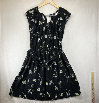 Women's A Line Whimsy Dress Sz Med AOP Butterflies Dandelions Pleated Tie Back
