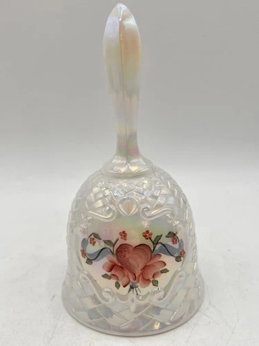 Vtg Small 4" Fenton White Satin Glass with Floral Heart Hand Painted Bell Signed