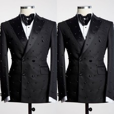 Beaded Men Suits Black Prom Wedding Outfits Peak Lapel Evneing Jacket Tuxedo
