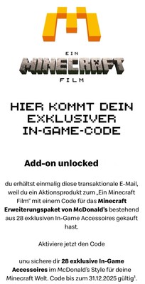 McDonalds Minecraft Erweiterungspaket Add-on 28 In-Game Accessoires Code