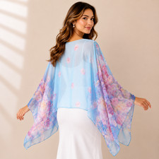 Womens Blue Floral Chiffon Poncho Shawl Beach Cover Up Kimono Cardigan Wrap