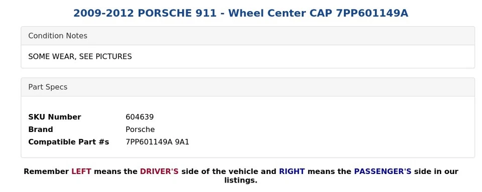 Porsche 911 2009-2012 - tapa central de rueda 7PP601149A Foto 4 de 4