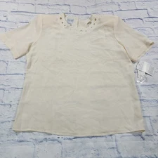 Tess Blouse WOMENS M Ivory 100% Silk Top Shoulder Pads VINTAGE 90s Embroidered 