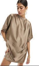 ASOS DESIGN satin oversized mini T-shirt dress in taupe sz M