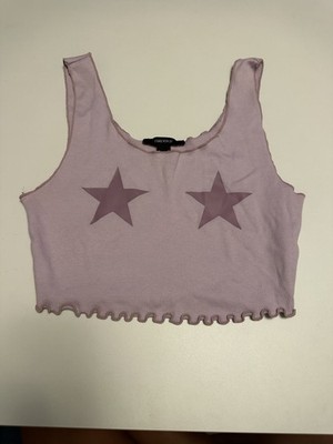 FOREVER 21 Purple Star Print Scoop Neck Cropped Ruffle Pullover Tank Women's M