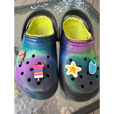 Kids Crocs Galaxy Clogs Tie Dye Fuzzy Lined Jibbitz Charms Size C12 Unisex