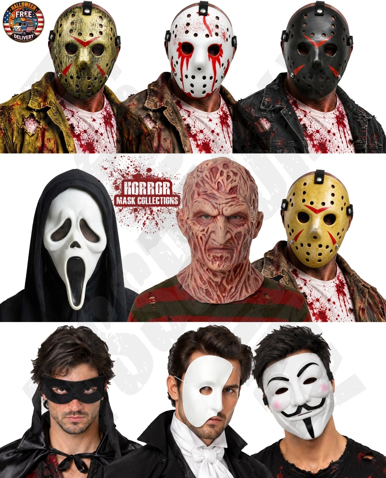 Collection of Halloween horror and character-inspired costume masks