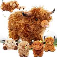 Highland Cow Stuffed Animal 14.5" Large Realistic Fluffy Plush Toy 4 Baby Calves