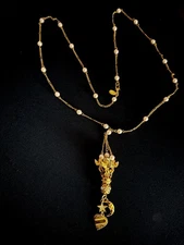 Kirks Folly Pink Faux Pearls 3 Angels Cherubs Crystal Charm Necklace Gold-Tone