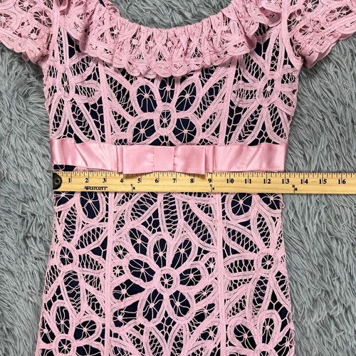 Betsey Johnson Sheath Dress Women's 2 Pink Blue Bow Coquette Silk Y2K Crochet - Picture 7 of 14