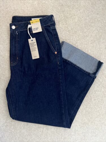 M&S WOMENS HIGH WAISTED SLIM WIDE LEG TURNED UP HEM DARK DENIM JEANS Size 16 - Picture 1 of 9