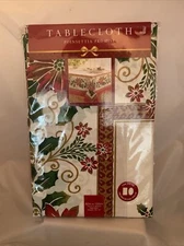 Poinsettia Christmas Tablecloth 60" x 120" Oblong  Red  Gold Cotton  Poly New