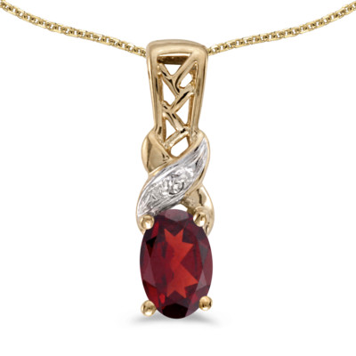 10k Gelbgold ovaler Granat und Diamant Anhänger mit 18'' Kette