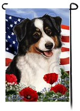 Patriotic Flowers Garden Flag - Black Tri Australian Shepherd