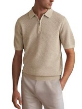 Mens Textured Half Zip Short Sleeve Polo Shirt NEW