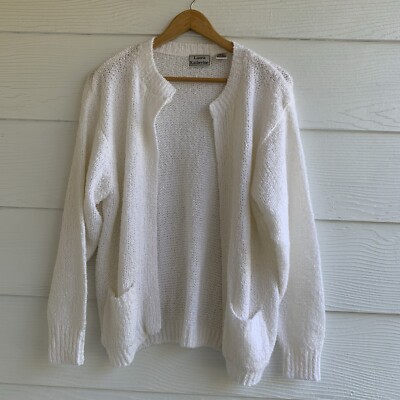 Laura Katherine White Cardigan Sweater Size M Open Front Stretch Pockets Grandma