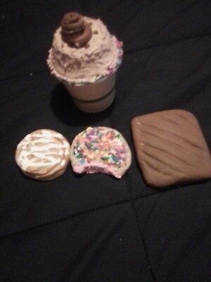 Cute mini fake dessert cookies with a chocolate smoothie and a brownie and cake 
